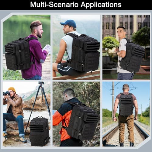 Tactical Backpack 45L Army Military Rucksack, Water Resistant MOLLE EDC Pack, Large 3 Day Bug Out Bag for Men & Women, Durable Outdoor Gear for Hiking, Camping, Hunting, Fishing,Travel (Black) - color: Black
