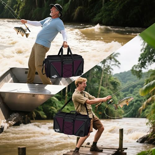 Handor Waterproof Fishing Tackle Bag, Large Saltwater Resistant Storage, 1000D PVC Material, Holds 3600 3700 Trays (Black and Purple, Large Bag) - color: Black and Purple, size: Large Bag