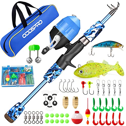ODDSPRO Kids Fishing Pole - Portable Telescopic Kids Fishing Rod and Reel Combo Kit - with Spincast Fishing Reel Tackle Box for Girls, Youth - color: Blue, size: 3.94 ft