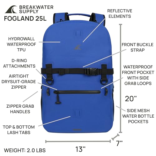 Breakwater Supply™ Fogland Waterproof IP68 Submersible Backpack | Laptop Sleeve & Airtight Zippers for Outdoors, Travel, Boating, Kayaking, Hiking, Floating Dry Bag, Unisex, TPU (Marker Blue, 25L) - color: Marker Blue, size: 25L