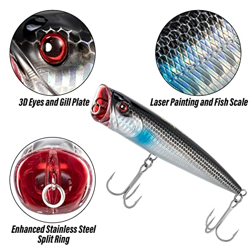 Dr.Fish Popper Saltwater Fishing Lures, 4/5.5 Inches GT Popper VMC Treble Hooks Surf Fishing Lures for Bass Striper Pike Salmon Offshore - color: Chorme Black, Chorme Blue, Blue Mackerel-3 Pack, size: 4"