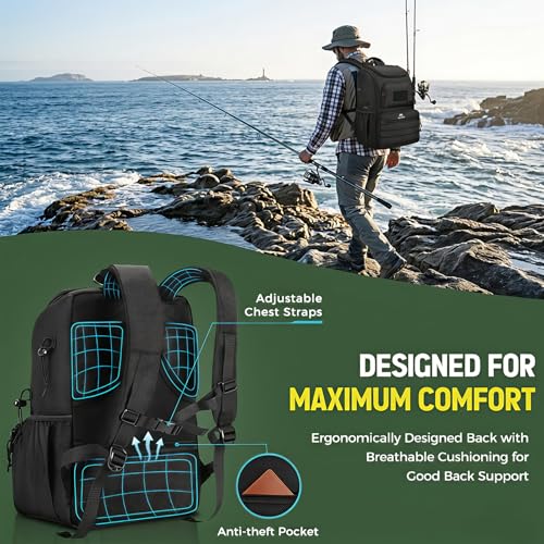 MATEIN Fishing Backpack Tackle Box, Water Resistant Tackle Backpack with Cooler & Rod Holders, Fishing Gifts for Men - color: Black