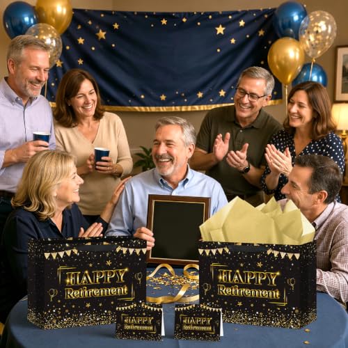 Hooqict Large Retirement Gift Bag Black Gold Happy Retirement Gift Wrap Bag with Handles, Tissue Paper, Greeting Card for Men Women Teacher Office Coworker Farewell Going Away Party Favors - color: Retirement