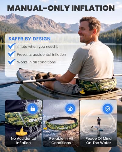 Owntop Manual Inflatable Belt Pack, Adults Swim Jacket with Blowpipe & Whistle, 24g CO2 Cylinder Included, Low Profile for Kayaking, Fishing, Paddle Sports - color: Army Green, size: One Size