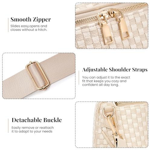 Woven Vegan leather Crossbody Bags For Women, Checkered Fashion PU Bum Bag Waist Pack, Travel Sling Purse with Adjustable Strap（Beige and White) - color: Beige and White