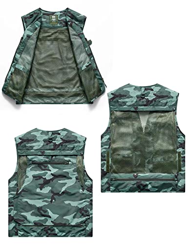 Flygo Men's Casual Lightweight Outdoor Fishing Work Safari Travel Photo Cargo Vest Jacket Multi Pockets - color: Camogreen, size: Medium