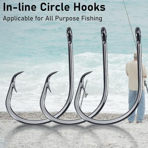 Dr.Fish 50 Pack in-line Circle Hooks, Straight Shank Octopus Hooks, Freshwater & Saltwater Fishing Catfish Tuna Bass Striper - size: #7/0-50 Pack