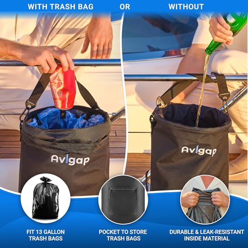Avigap Boat Trash Can, 100% Odor & Leak Resistant, Portable, Reusable, 10-13 Gal Garbage Bag Snaps Inside, Easy to Install & Clean, Fishing, Sandbar, Kayak, Pontoon Boat Accessories