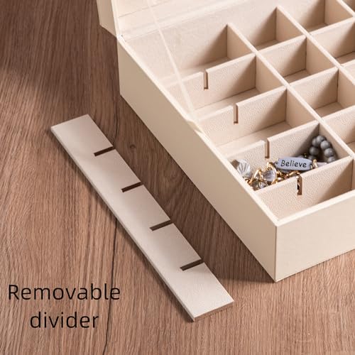 Frebeauty Earring Organizer Classic Jewelry Box 50 Slots Double Layer Jewelry Storage Case with 6 Necklace Hook and Bracelet Pocket(Beige) - color: Beige