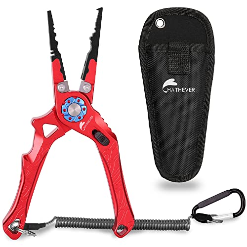 Saltwater Fishing Pliers, Split Ring Pliers for Fishing with Safety Lock, Fish Pliers with Sheath and Lanyard, Fishing Gifts for Men - color: B-red