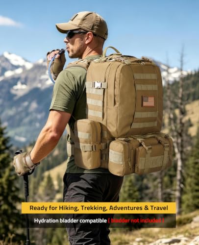 CVLIFE Tactical Backpack Military Army Rucksack 60L Large Assault Pack Detachable Molle Bag - color: Tan