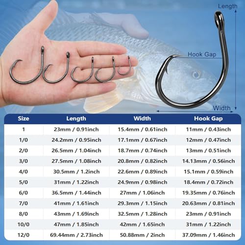 9KM DWLIFE Circle Hooks 25pcs 4X Strong Fishing Hooks – High Carbon Steel, Non-Offset Closed Eye, Wide Gap for Catfish, Striped Bass, Salmon –Circle Hooks for Saltwater & Freshwater - size: 12/0#
