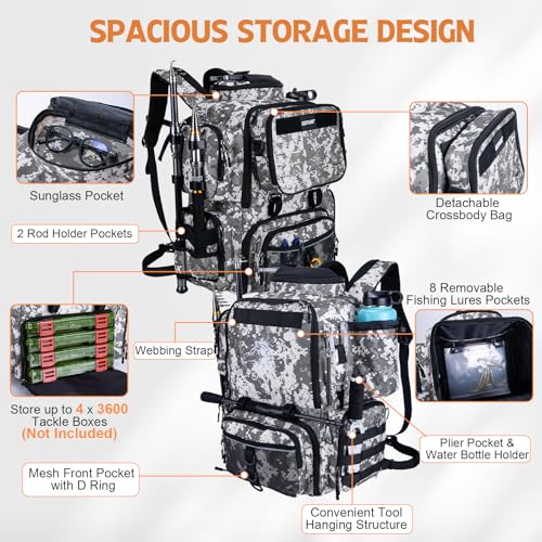 Goture Fishing Backpack, 900D Water-Resistant Tackle Backpack with Rod Holders, 58L Large Storage Gear Fishing Tackle Bag with Detachable Crossbody Bag,8 Lure Pockets,Bottle Holder for Camping Hiking - color: Digital Camo