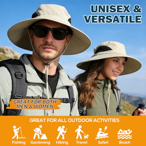 Wide Brim Sun Bucket Hat, Waterproof Boonie Hat for Men & Women | UPF 50+ UV Protection, Adjustable Fit, Chin Strap & Sweatband, Foldable Durable for Fishing Hiking Garden Beach - color: 01 Beige