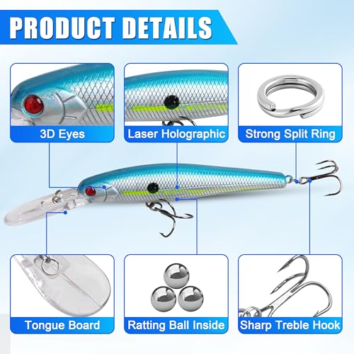 Hard Fishing Lures Bait Minnow Lures Bass CrankBait Jerkbait Set Life-Like Swimbait Deep Diving Sinking Lures with Treble Hook for Bass Trout Walleye Redfish - style: Type A-10pcs