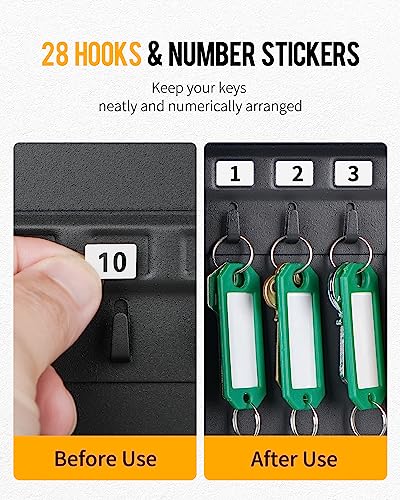 Uniclife Steel Key Cabinet Wall Mounted Organizer - 28 Keys, 2 Unlocking Keys - Black Frosted Security Box with Hooks and Color-Coded Labels - color: Black, size: 28-Key