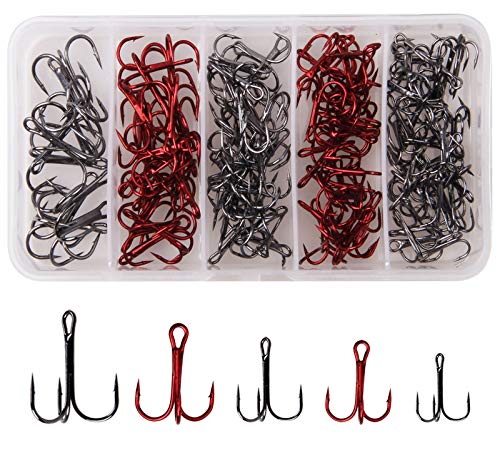 Fishing Treble Hooks Kit for Saltwater Freshwater, High Carbon Steel Barbed Treble Hooks Strong Sharp Round Bend Triple Fishing Hooks for Catfish Bass Trout Hard Baits Lures