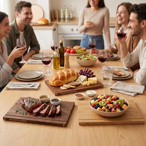 Book Cutting Board Set of 3 with Stand - Wooden Library Shaped Chopping Boards That Look Like Books, Labeled Meat, Fish, Cheese & Bread, Fruits & Vegetables, Decorative Kitchen Cutting Boards