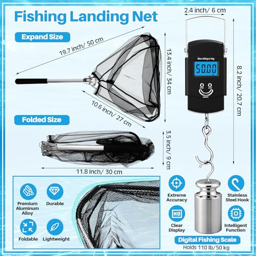 Threehoney Set of 4 Saltwater Fishing Cast Net, Foldable Fish Bucket, Folding Fishing Landing Net, and 110lb Digital Scale, 6 Gallon Live Fish Bait Bucket - color: Black, size: 4ft