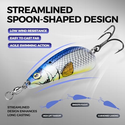 Spinner Spoons Hard Metal Fishing Bait Lures Kit for Pike Walleye Musky Bass Trout-3D Eyes & Treble/Single Hooks with Tackle Box in Freshwater and Saltwater - color: Color B-5PCS