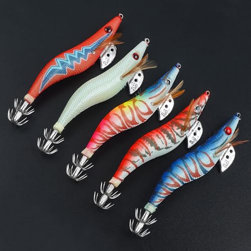 Glow Squid Jig Saltwater Squid Lures, 5/10pcs Luminous Squid Jig Hooks Shrimp Prawn Lures Fluorescent Cuttlefish Sleeve Octopus Jigs Artificial Baits Night Fishing Tackle Size 2.5# 3# 3.5# - size: 3.0#-10pcs