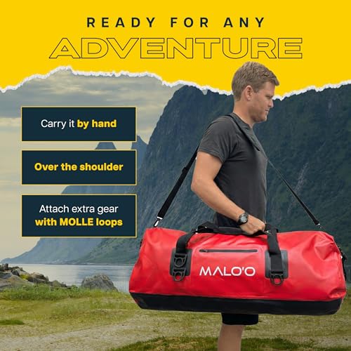 Malo’o Waterproof Dry Duffel, Heavy-Duty Roll Top Waterproof Gear Bag with Shoulder Strap & Molle Loops, Marine Duffel for Kayaking, Boating, Camping, Beach & Travel, Red, 100L - color: Red, size: 100L
