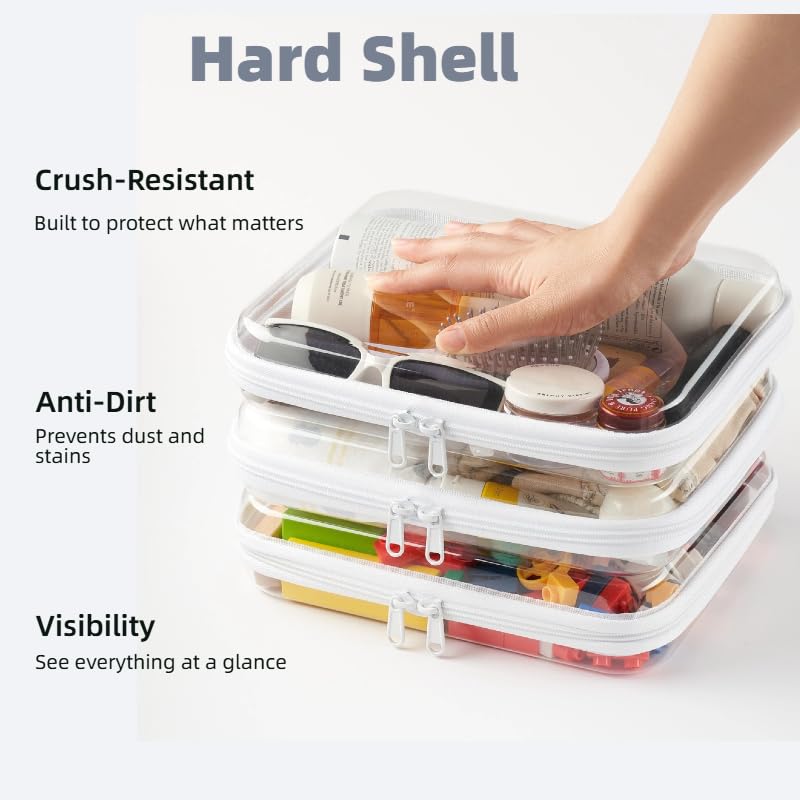 3-Pack Medium Clear Hard Shell Zipper Pouches, Clear Zipper Bags, Hard Case Pouches for Purse & Diaper Bag Organizer,and Travel Essentials（3M） - color: White, size: 3M