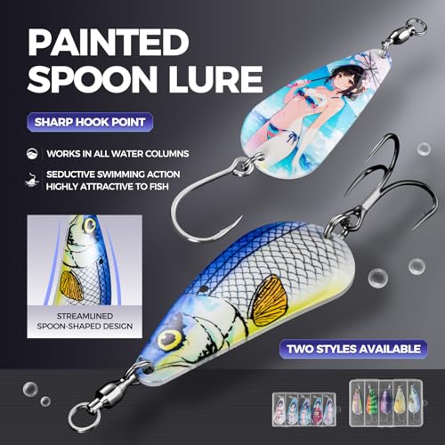 Spinner Spoons Hard Metal Fishing Bait Lures Kit for Pike Walleye Musky Bass Trout-3D Eyes & Treble/Single Hooks with Tackle Box in Freshwater and Saltwater - color: Color B-5PCS