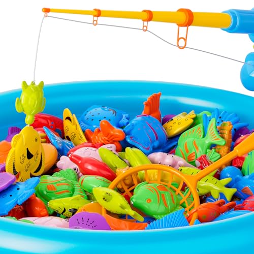 Magnetic Fishing Pool Toys Game for Kids Toddlers 3-5 4-8, Water Table Bathtub Toy with Inflatable Pool Pole Rod Net Plastic Floating Fish, Water Bath Pool Outdoor Toys for Kids Toddlers Baby - style: 44 fish with pool