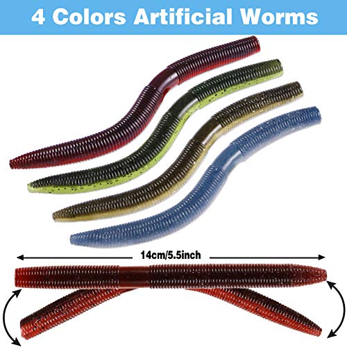 PLUSINNO Wacky Worm Fishing Lure Kit, Soft Plastic Fishing Lures, Grub Baits Hook Wacky Rig Bass Trout Fishing Worms Lures w/Tackle Box - color: 133PCS 5.5" Wacky Worm Fishing Lure Kit