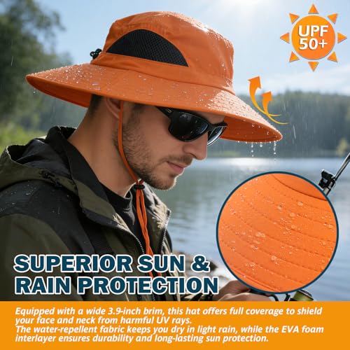 Wide Brim Sun Bucket Hat, Waterproof Boonie Hat for Men & Women | UPF 50+ UV Protection, Adjustable Fit, Chin Strap & Sweatband, Foldable Durable for Fishing Hiking Garden Beach - color: 01 Orange