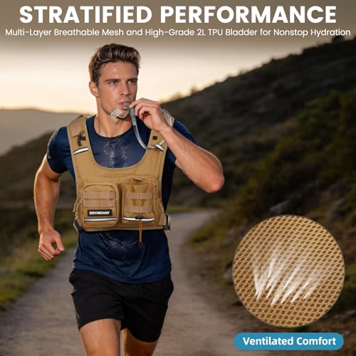 Hydration Pack Vest – Lightweight Chest Pack 2.0L Hands-Free Water Bladder Backpack, Reflective Strips, Adjustable Fit for Men and Women, Ideal for Marathon, Trail Running, Hiking, Cycling - color: Khaki