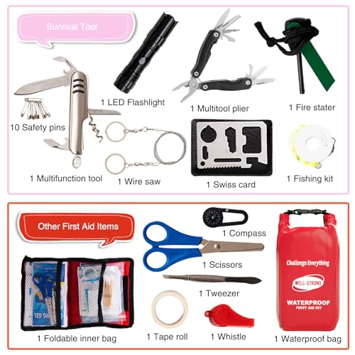 Boat First Aid Kit with Survival Tools, 123pcs Waterproof Emergency Marine Kit with Buckles, Compact Boat Safety Accessories for Fishing Kayaking Boating Camping Rafting Beach Red - color: Ws014-red