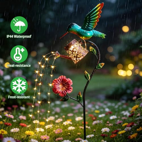 36 Inch Solar Hummingbird Lights, Solar Garden Decor with Watering Can Lights, Hummingbird Hanging Lantern Outdoor Decoration for Outside Yard Patio Porch Lawn Backyard, Birthday Gifts for Mom Women - color: Hummingbird Water Can
