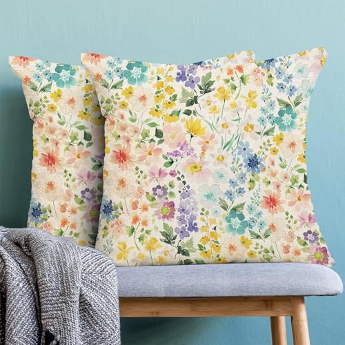Spring Pillow Covers 16 x 16 Set of 2, Spring Watercolor Flowers Throw Pillows Farmhouse Colorful Floral Decorative Cushion Case Decorations for Home Couch Sofa Outdoor - color: Floral-d, size: 16" x 16" (Pack of 1)