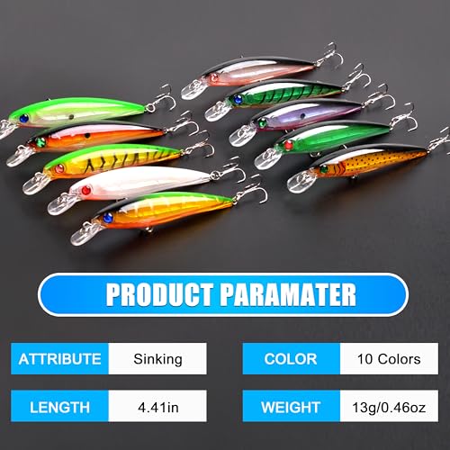 Suspending Jerkbait Fishing Lures, Minnow Lures Jerk Bait Bass Fishing Bait with Treble Hook Artificial Floating Jerkbait for Bass Trout Pike Walleye Freshwater Saltwater - color: Type C:10pcs-4.41in/0.46oz