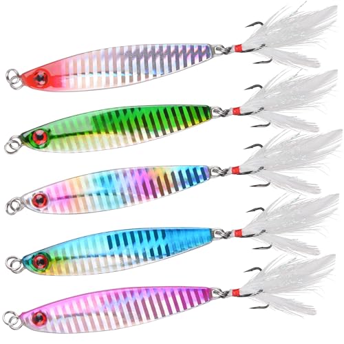 Hard Metal Jigs Fishing Spoon Lures, 5pcs Saltwater Jigging Spoons with Feather Treble Hook Fishing Jigs Casting Spoon for Freshwater Bass Striper Mackerel Halibut - size: 5pcs-21g(3/4oz)