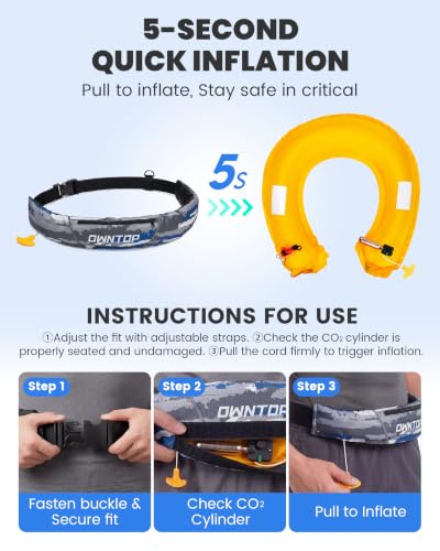 Owntop Manual Inflatable Belt Pack, Adults Swim Jacket with Blowpipe & Whistle, 24g CO2 Cylinder Included, Low Profile for Kayaking, Fishing, Paddle Sports - color: Army Gray, size: One Size