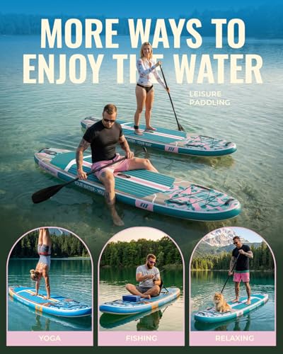 11ft Inflatable Stand Up Paddle Board, Wood Grain Ultra Lightweight SUP, 430lb Capacity for Adults Youth Family, for Fishing Surfing Camping, Includes Backpack & Pump - color: Pink Grained Grey Wood
