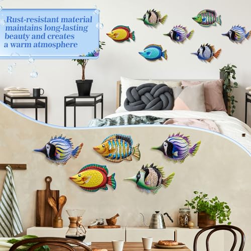 Tandefio 8 Pcs Metal Wall Decor Wall Art Hanging Decorations Outdoor Indoor Sculptures for Garden Fence Pool Home Porch(Fish) - style: Fish