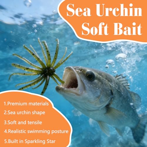 4Pcs Sea Urchin Soft Bait, Realistic Fuzzy Dice Fishing Lure,Floating TPR Swimbait with Reflective Stars, Plastic Baits for Bass Fishing,Drop Shot,Wacky Rig/Neko Rig & Finesse,Slow Sinking