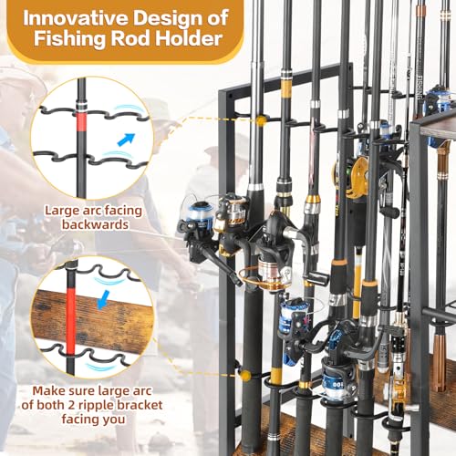 Olakee Fishing Rod Holders, Rolling Fishing Rod Rack for Garage & Boat, Tackle Box & Reel Holder Cart, Easy Assembly Fishing Gear Management System, Ideal Birthday Gift for Men Dad Anglers - color: 12 Rods,Brown