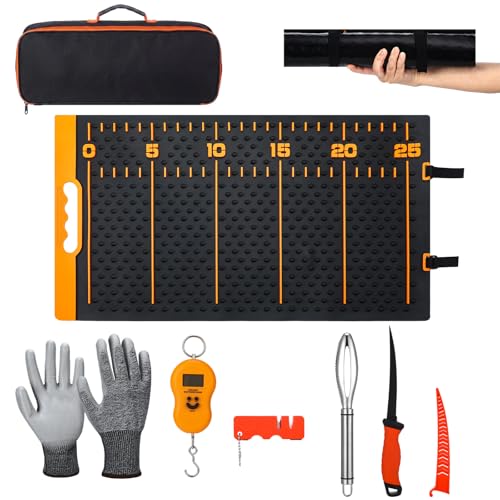 7 Pcs Fish Fillet Knife Set Fishing Cleaning Kit with 7" Stainless Steel Fillet Knife Non-slip Silicone Fish Mat Digital Scale Sharpener Scaler Cut Resistant Gloves Carrying Bag(Orange)