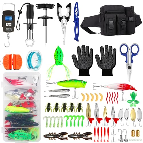 Fishing Tool Kit - 112pcs Fishing Gear & Equipment, Fish Pliers, Hook Remover, Scale, Scissors, Lip Gripper, Lures - color: Black