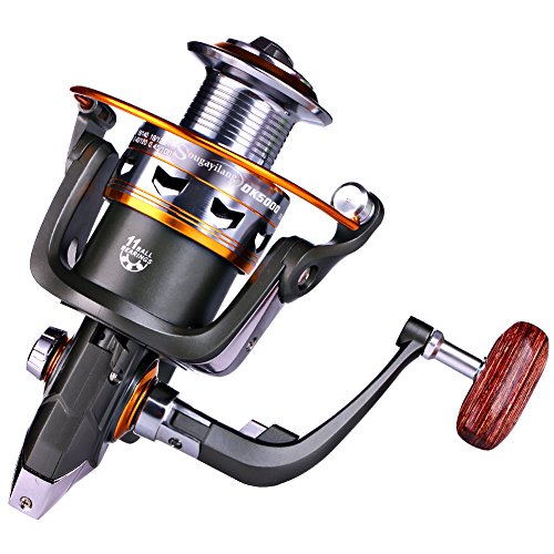 Sougayilang Spinning Fishing Reels with Left/Right Interchangeable Collapsible Wood Handle Powerful Metal Body 5.2:1/5.1:1 Gear Ratio Smooth 11BB for Inshore Boat Rock Freshwater Saltwater Fishing - size: DK5000