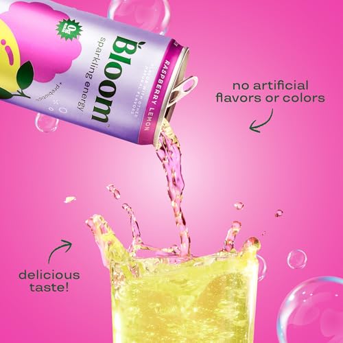 Bloom Nutrition Sparkling Energy Drink for Focus, Natural Caffeine, Zero Sugar, 180mg Caffeine, Antioxidant-Rich with Green Coffee Bean, Green Tea Extract, & Prebiotics, Raspberry Lemon 12oz 24 Pack - size: 12 Fl Oz (Pack of 24)