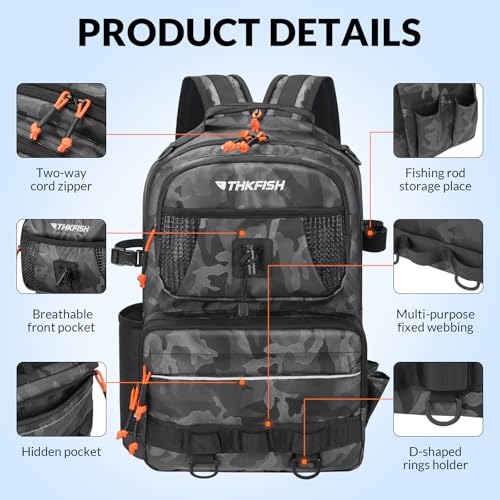 THKFISH Fishing Backpack Tackle Sling Bag, 20L Tackle Backpack with Rod Holder Store Fishing Gear, Gifts for fishermen - color: Black Camo