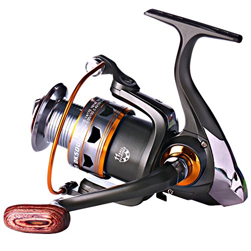 Sougayilang Spinning Fishing Reels with Left/Right Interchangeable Collapsible Wood Handle Powerful Metal Body 5.2:1/5.1:1 Gear Ratio Smooth 11BB for Inshore Boat Rock Freshwater Saltwater Fishing - size: DK1000
