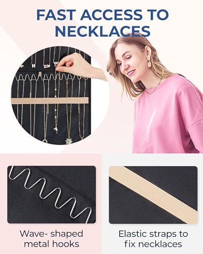 BAGSMART Hanging Necklaces Organizer Jewelry Holder Storage Roll with Hanger Metal Hooks Double-Sided Jewelry Organizer for Necklaces, Bracelets on Closet, Wall, Door, 1 piece, Large Black - color: Black, size: Dual-Sided Necklaces Holder