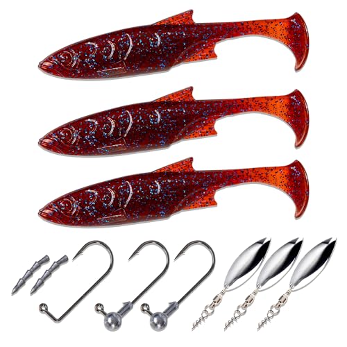 Paddle Tail Swimbaits Set, Ultra Soft PVC，Freshwater & Saltwater Ready, Includes Hooks, Weight & Spinnerbait Blades，Fishing Gear for Bass and Predator Fish - color: Burgundy